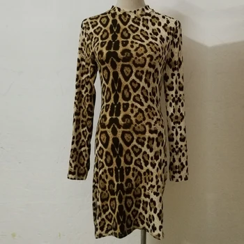Leopard Natisniti Seksi Bodycon obleko Svinčnik vintage Obleke z Dolgimi Rokavi Mini Stranka Obleko Nočni Klub, ulične sundress haljo femme