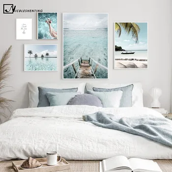 Maldivi Ocean Čoln Krajinskega Slikarstva Tropskih Sončni Plaži Potovanja Plakat Platno, Tisk Stenskih Slikah, Sodobno Dekoracijo Doma