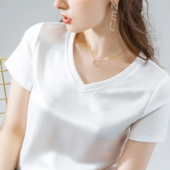 Acetat Saten Tees Za Ženske Visoke Kakovosti Ohlapne majice Dame Poletje korejski Vrhovi umetne Svile Srajce 2020 Roupas Feminina