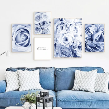 Nordijska Elegantno Modre Vrtnice Natisni Plakat Cvet Blizu Stene Umetniških Fotografij, Platno za Slikarstvo Dnevna Soba, Salon Dekoracijo