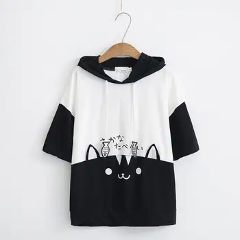 YUPINCIAGA Novo Šivanje T-Shirt Risanke Mačka, ki Ribe Hooded Kratka Sleeved študentk Srčkan Z Rogovi Harajuku Dekleta Smešno Tee