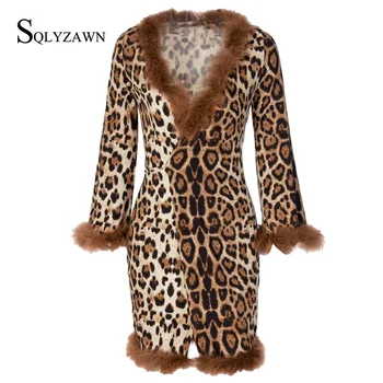 Off Ramenski Krzno Mozaik Seksi Ženske Obleke Ženske Elegantne Leopard Gumb Bodycon Mini Ženski Stranke Obleke Haljo Femme Moda