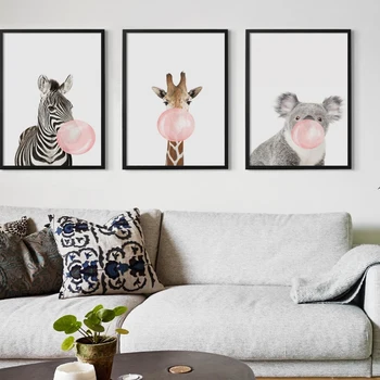 Mehurček Žvečilni Gumi Žirafa, Zebra Živali, Plakati, Platna Umetnosti Slikarstva Wall Art Vrtec Dekorativne Slike Skandinavski Slog, Otroci Deco