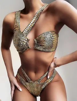 Sijoče Snakeprint Bikini Ženske 2020 Kopalke Bandeau Povoj Kopalke Povodcem Kopalke Visoko Izreži Biquini Seksi Bikini Zlato