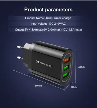 QC 3.0 18W Polnilnik USB 3 USB Vrata Hitro, Hitro Polnjenje Za iPhone X Steno Polnilnike Središče Za Telefon Samsung S10 Adapter ZDA/EU Plug