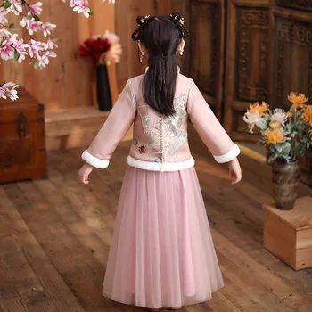 Novo Vezenje Dekle Hanfu Jeseni, Pozimi Cheongsam Kitajsko Tradicijo Poroko Cvet Obleko Luštna Otroci Novo Leto Obleko Oblačila