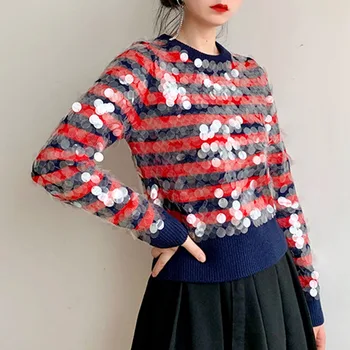 Ženske Pulover Jeseni francoski nišo sequins bleščeče proge krog vratu hitting težka industrija pulover, jopica, pulover, jakna ženske