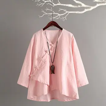 Aransue Kitajski Stil Pomlad In Poletje Ženski Retro Majica Svoboden Camisa Ročno Gumb Bombaž Perilo Vrhovi 7 Barv