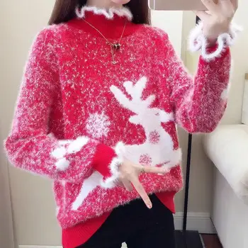Božič Pulover Ženske, Jelenov Turtleneck Zimska Oblačila Mink Puloverje Potegnite Femme Korejski Puloverju Kawaii Skakalec 2020