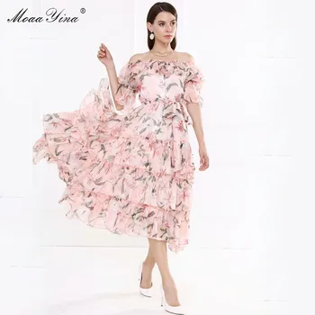 MoaaYina Modni Oblikovalec obleko Pomlad Jesen Ženske noše Cvet Tiskanja Ruffles Šifon Obleke