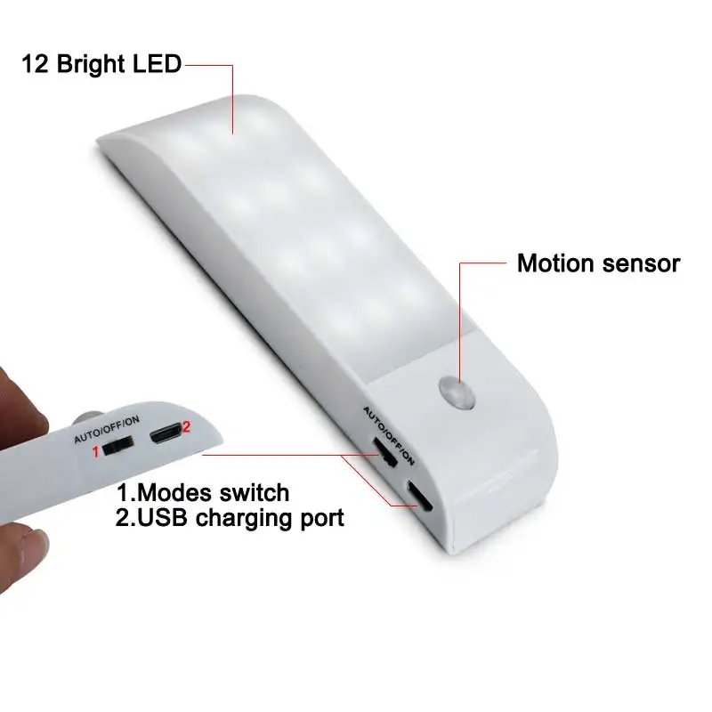 PIR Infrardeči Senzor Gibanja USB za Polnjenje 12 LED Nočna Lučka za Indukcijo detektor Koridor Omari, Omaro, Nočne Svetilke